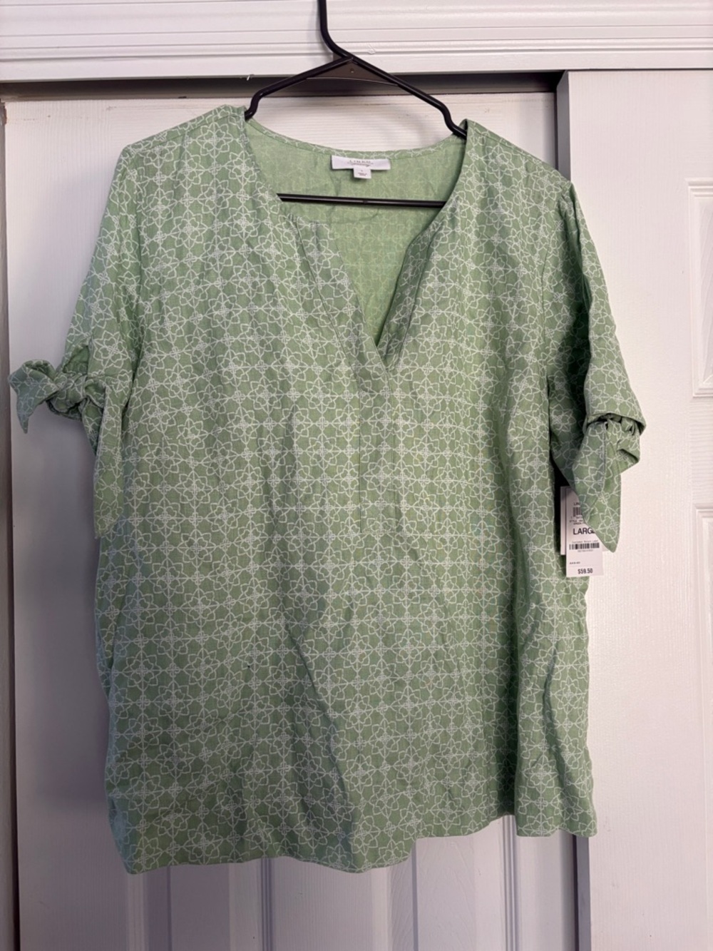 Charter Club Mint Green Geometric V-Neck Tie-Sleeve Blouse